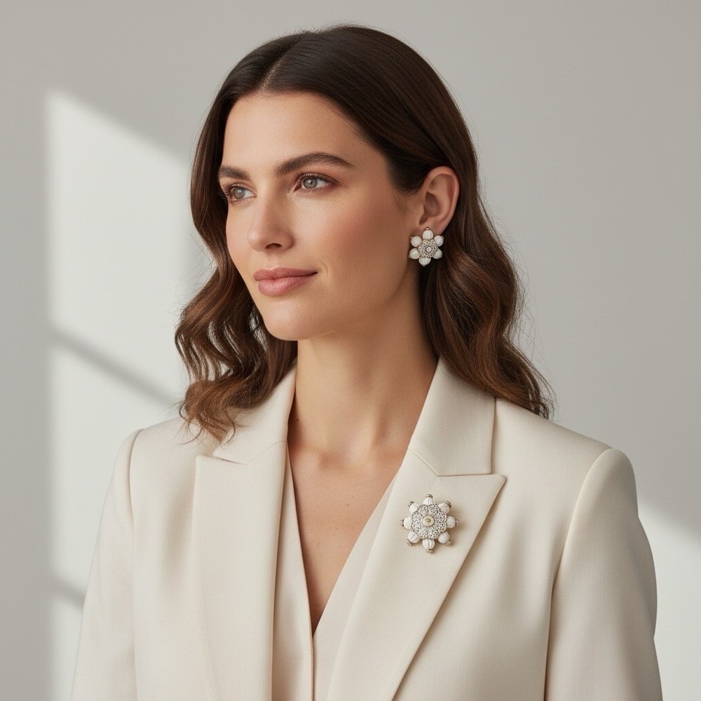 BIG FLOWER WHITE SWAROVSKI CRYSTAL GOLD CLIP SWAN MARK CLIP ON EARRINGS & BROOCH